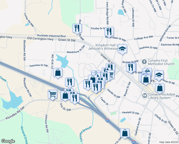 map of restaurants, bars, coffee shops, grocery stores, and more near 2206 Palomino Lane in Conyers