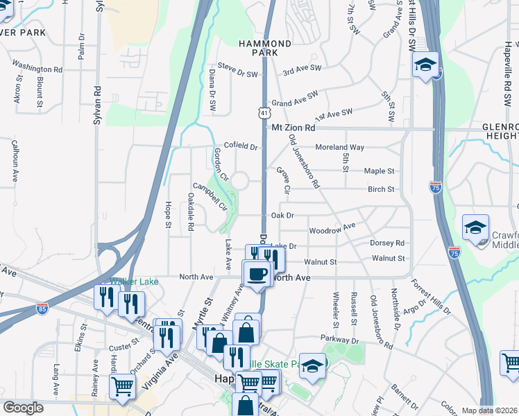 map of restaurants, bars, coffee shops, grocery stores, and more near 3125 Dogwood Drive in Atlanta
