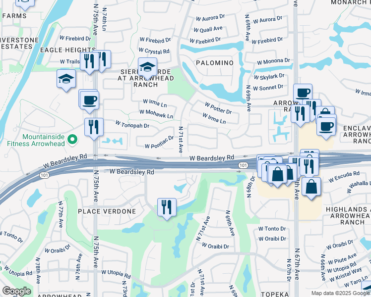 map of restaurants, bars, coffee shops, grocery stores, and more near 7057 West Pontiac Drive in Glendale