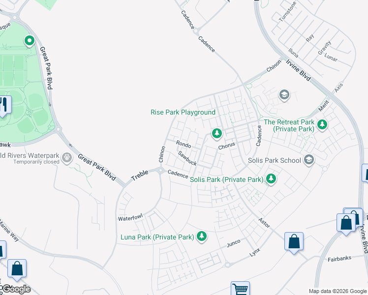 map of restaurants, bars, coffee shops, grocery stores, and more near 124 Rondo in Irvine