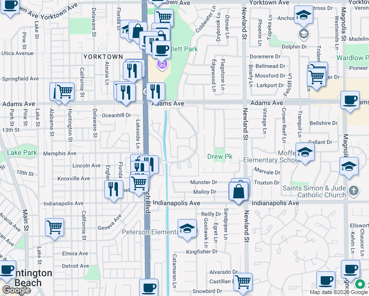 map of restaurants, bars, coffee shops, grocery stores, and more near 8152 Mainsail Drive in Huntington Beach