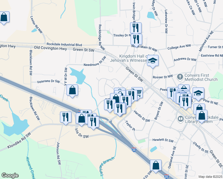 map of restaurants, bars, coffee shops, grocery stores, and more near 2206 Palomino Lane in Conyers