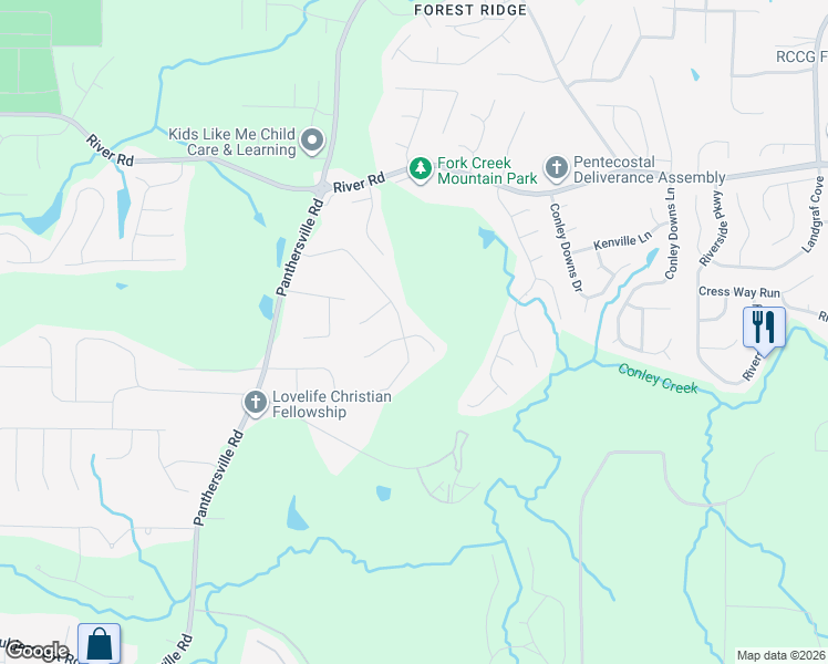 map of restaurants, bars, coffee shops, grocery stores, and more near 3825 Cedar Trace Lane in Ellenwood