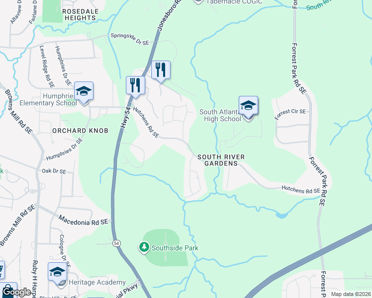 map of restaurants, bars, coffee shops, grocery stores, and more near 665 Hutchens Road Southeast in Atlanta