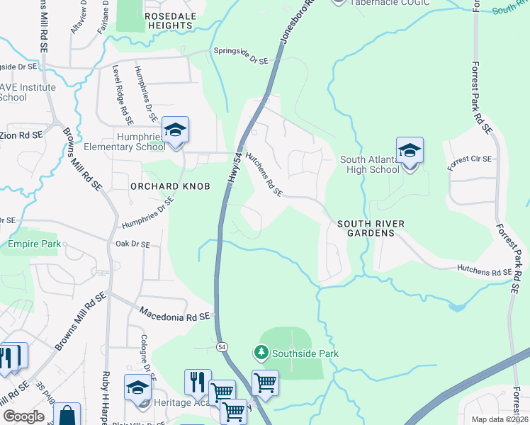 map of restaurants, bars, coffee shops, grocery stores, and more near 577 Hutchens Road Southeast in Atlanta