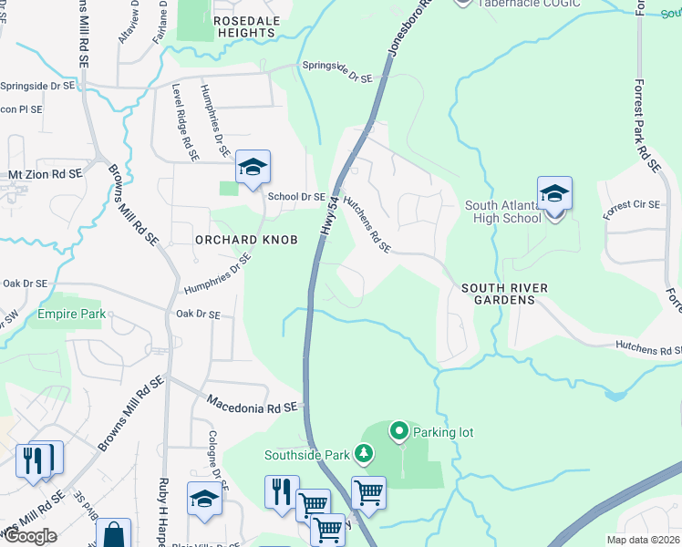 map of restaurants, bars, coffee shops, grocery stores, and more near 3136-3148 Jonesboro Road Southeast in Atlanta