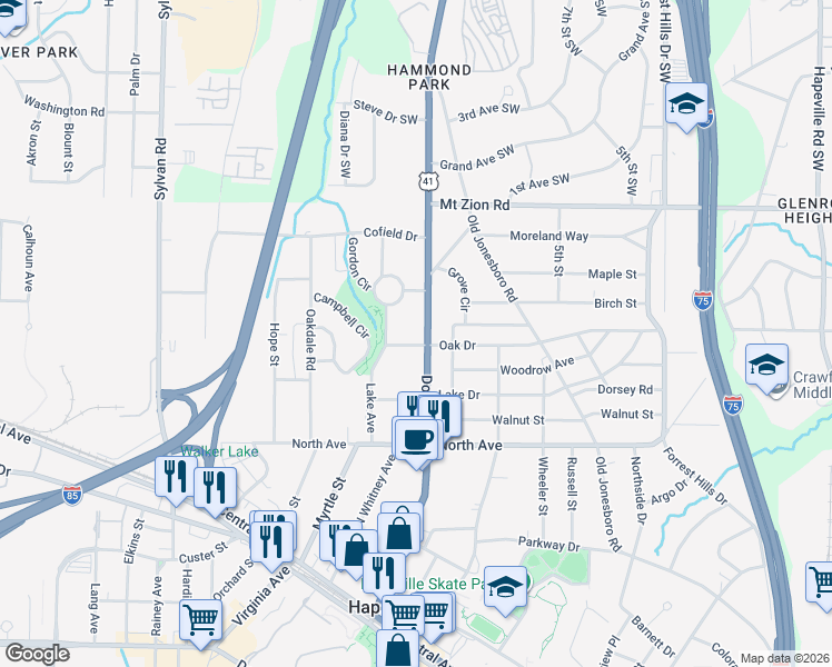 map of restaurants, bars, coffee shops, grocery stores, and more near 3125 Dogwood Drive in Atlanta