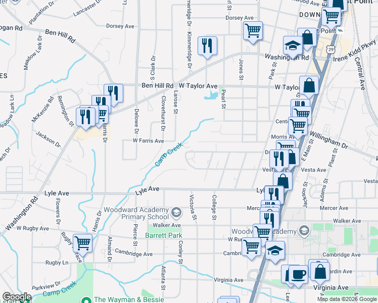 map of restaurants, bars, coffee shops, grocery stores, and more near 1955 Dunlap Avenue in East Point