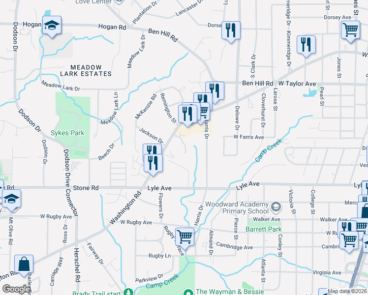 map of restaurants, bars, coffee shops, grocery stores, and more near 3128 Chateau Boulevard in East Point