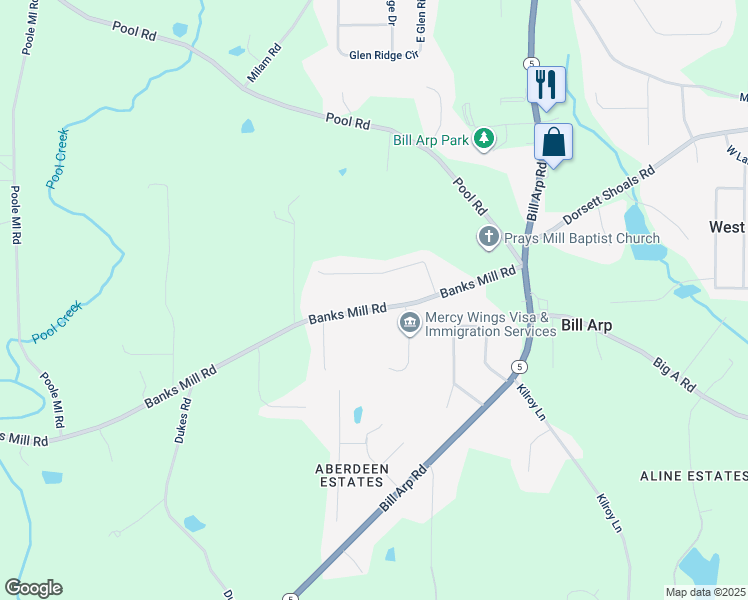 map of restaurants, bars, coffee shops, grocery stores, and more near 7248 Banks Mill Road in Douglasville