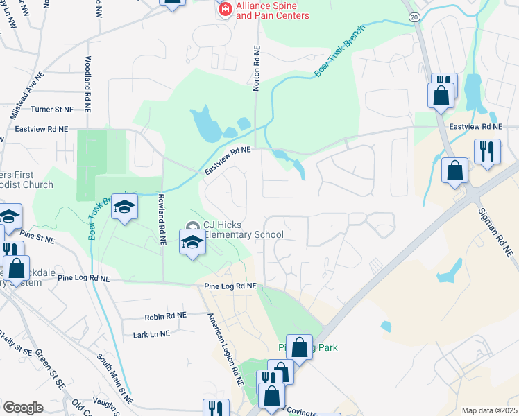 map of restaurants, bars, coffee shops, grocery stores, and more near 898 Little Bear Cove Northeast in Conyers