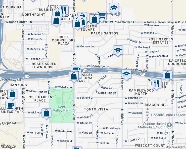 map of restaurants, bars, coffee shops, grocery stores, and more near 1802 West Menadota Drive in Phoenix