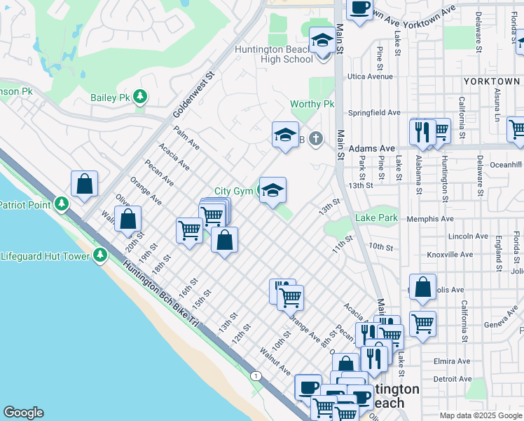 map of restaurants, bars, coffee shops, grocery stores, and more near 622 16th Street in Huntington Beach