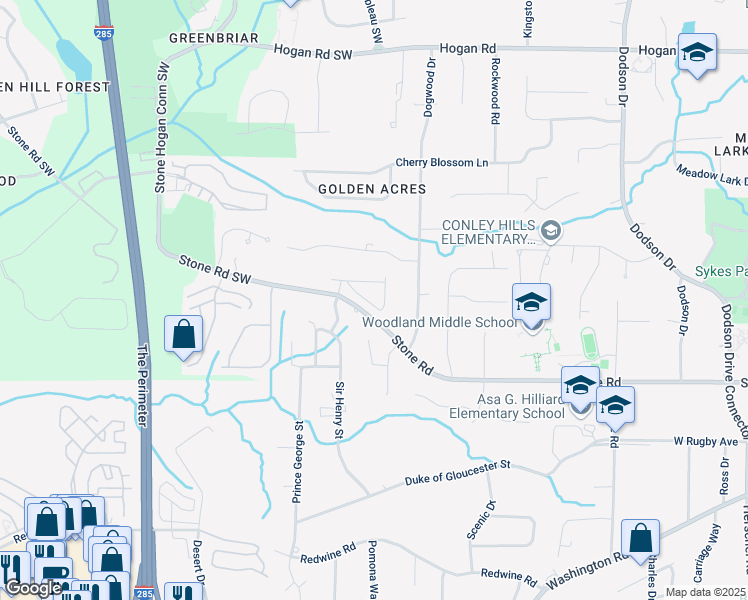 map of restaurants, bars, coffee shops, grocery stores, and more near 3103 Steinbeck Way in East Point