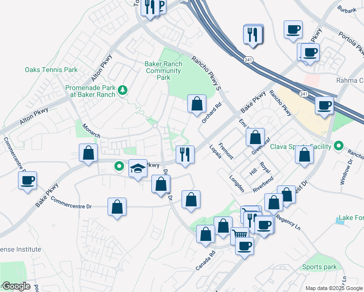 map of restaurants, bars, coffee shops, grocery stores, and more near Agave in Lake Forest