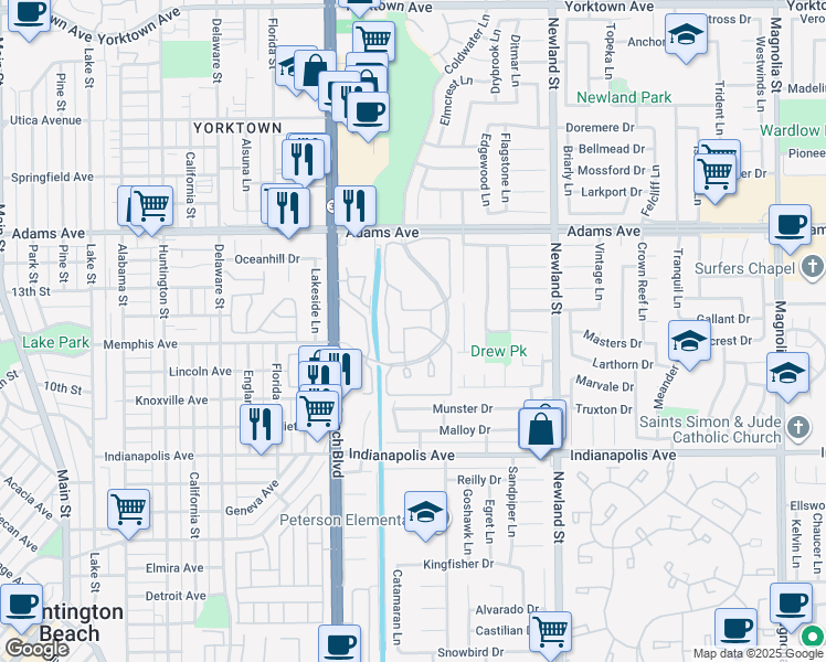 map of restaurants, bars, coffee shops, grocery stores, and more near 8152 Mainsail Drive in Huntington Beach