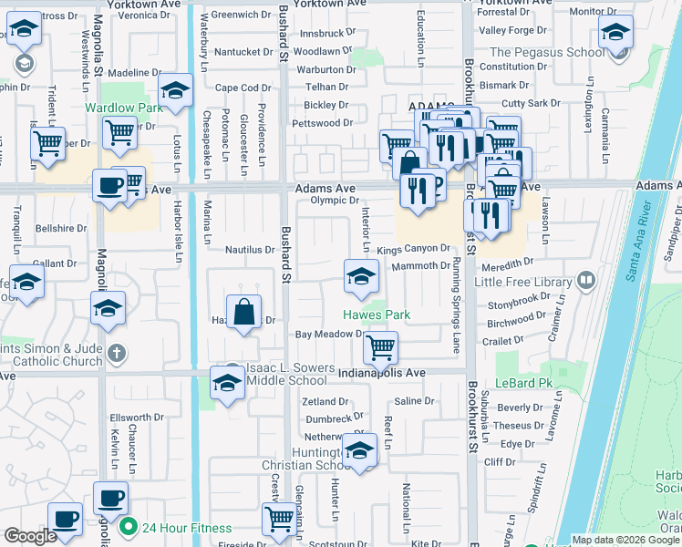 map of restaurants, bars, coffee shops, grocery stores, and more near 9641 Yellowstone Drive in Huntington Beach