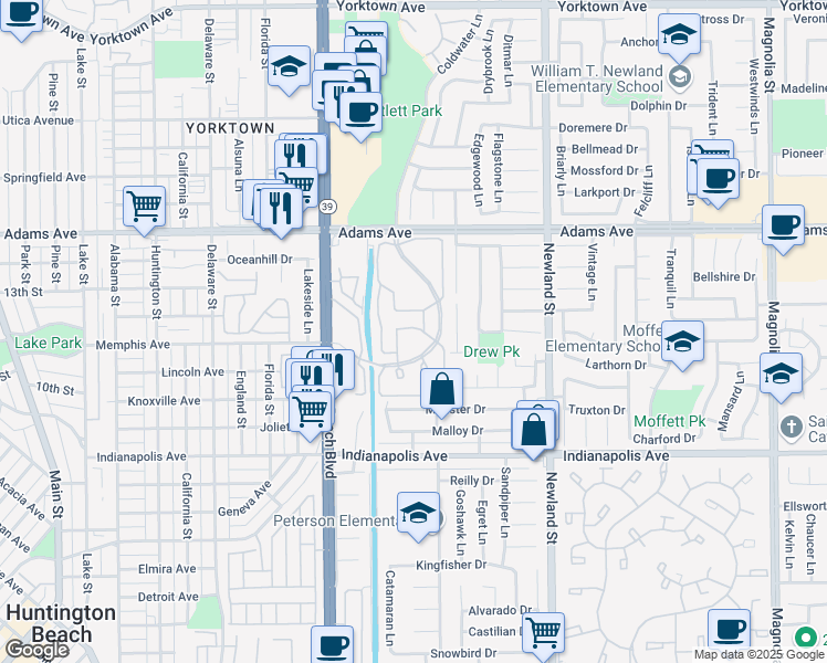 map of restaurants, bars, coffee shops, grocery stores, and more near 8182 Mainsail Drive in Huntington Beach