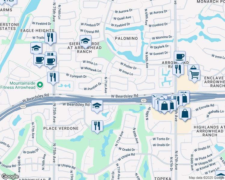 map of restaurants, bars, coffee shops, grocery stores, and more near 7057 West Pontiac Drive in Glendale