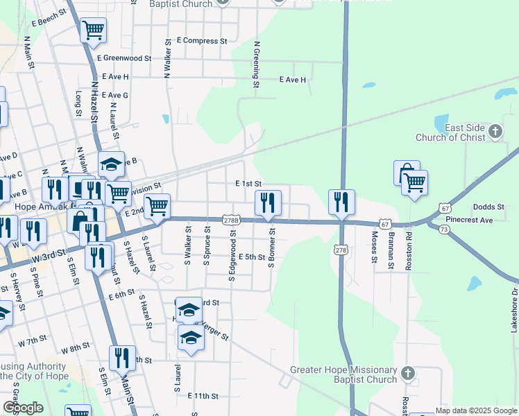 map of restaurants, bars, coffee shops, grocery stores, and more near 909 East 2nd Street in Hope