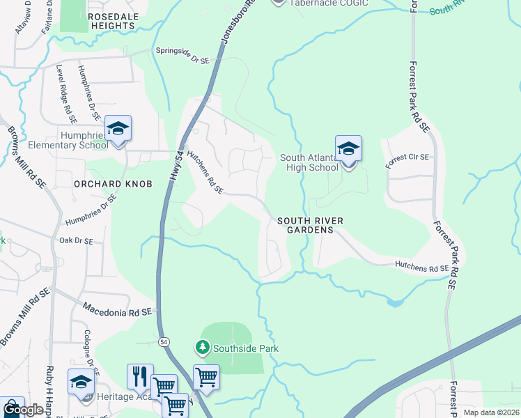 map of restaurants, bars, coffee shops, grocery stores, and more near 665 Hutchens Rd SE in Atlanta