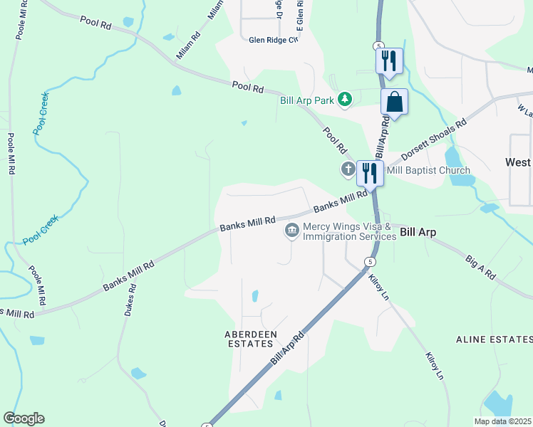 map of restaurants, bars, coffee shops, grocery stores, and more near 7241 Banks Mill Road in Douglasville
