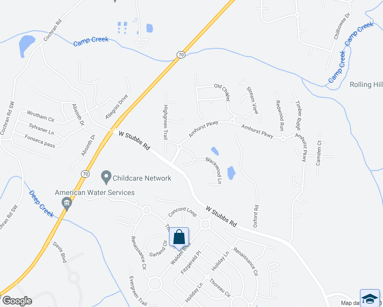 map of restaurants, bars, coffee shops, grocery stores, and more near 7516 Hilltop Way in Atlanta