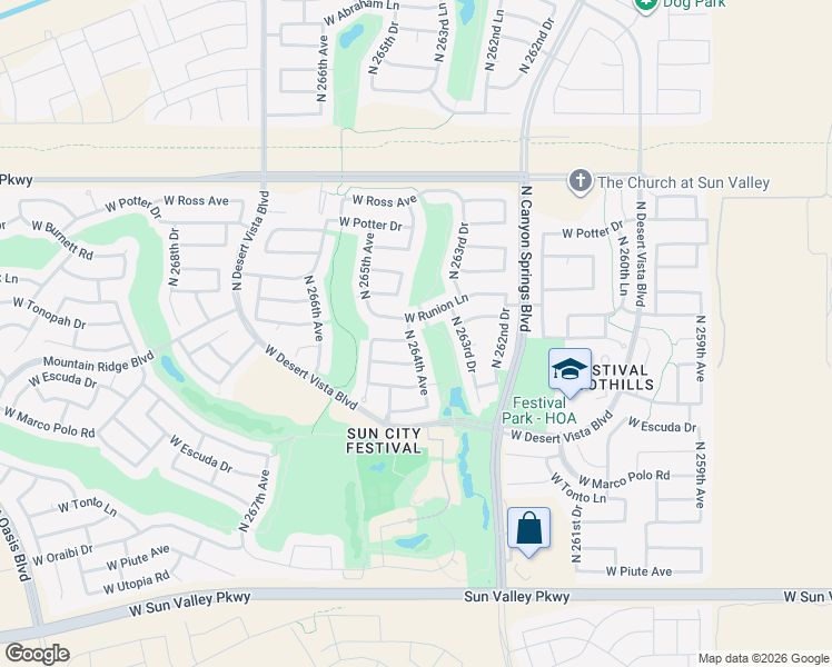 map of restaurants, bars, coffee shops, grocery stores, and more near 20319 North 264th Avenue in Buckeye