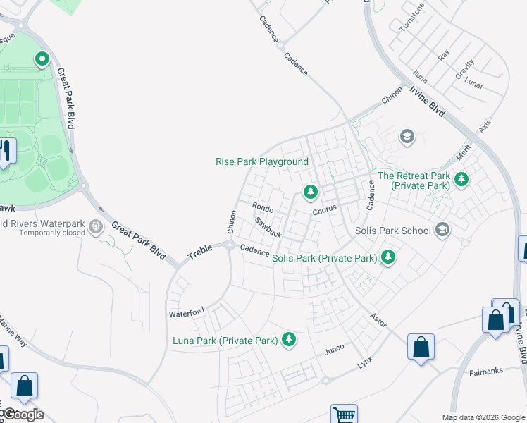 map of restaurants, bars, coffee shops, grocery stores, and more near 124 Rondo in Irvine