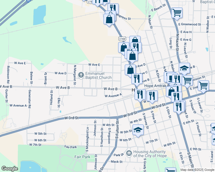 map of restaurants, bars, coffee shops, grocery stores, and more near 814 West Avenue B in Hope