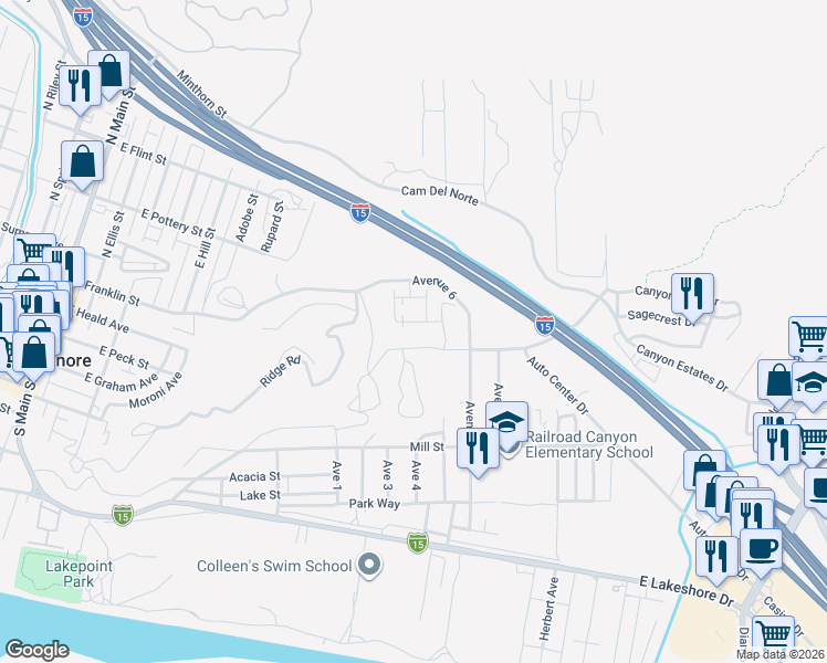 map of restaurants, bars, coffee shops, grocery stores, and more near Helena Ridge in Lake Elsinore