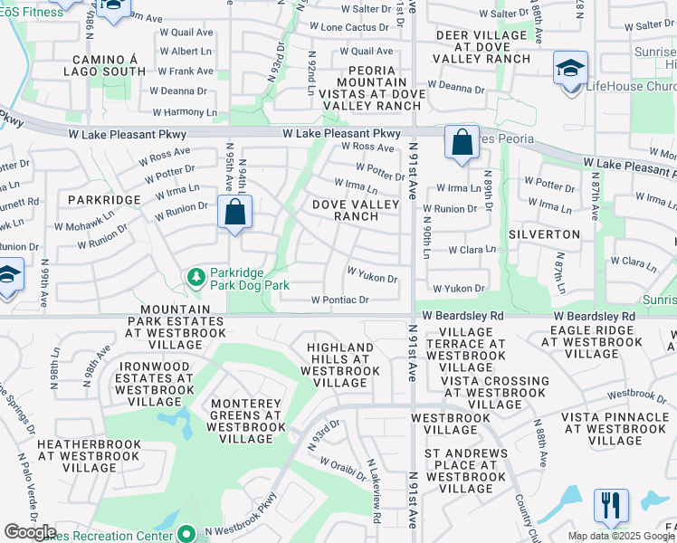 map of restaurants, bars, coffee shops, grocery stores, and more near 20296 North 92nd Lane in Peoria