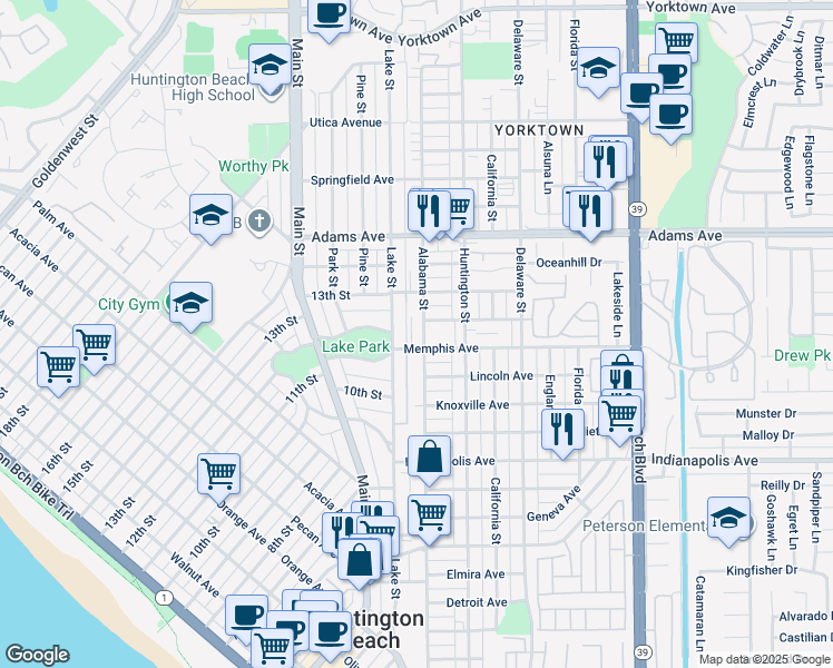 map of restaurants, bars, coffee shops, grocery stores, and more near 1311 Alabama Street in Huntington Beach