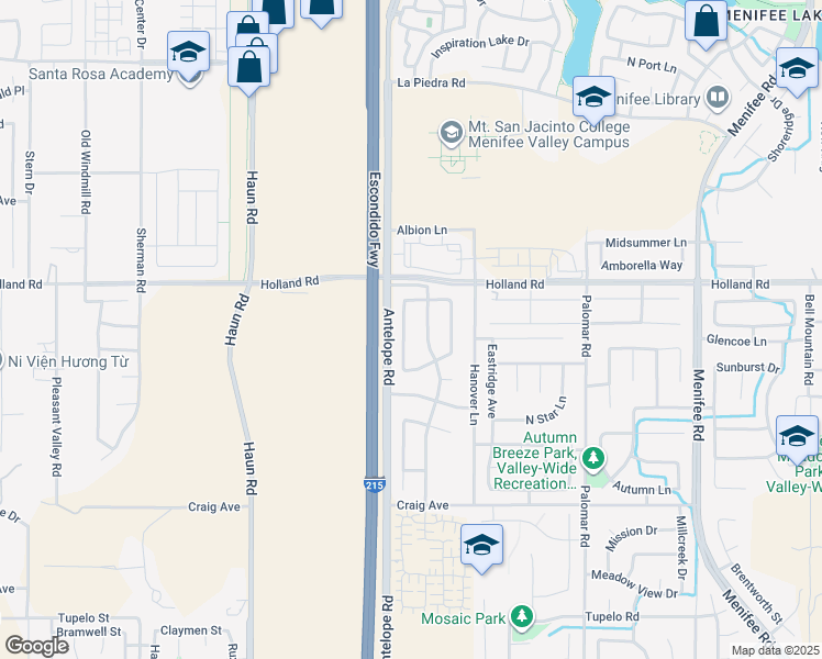 map of restaurants, bars, coffee shops, grocery stores, and more near 31094 Larchwood Street in Menifee