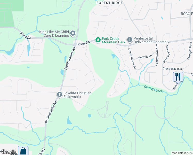 map of restaurants, bars, coffee shops, grocery stores, and more near 3825 Cedar Trace Lane in Ellenwood