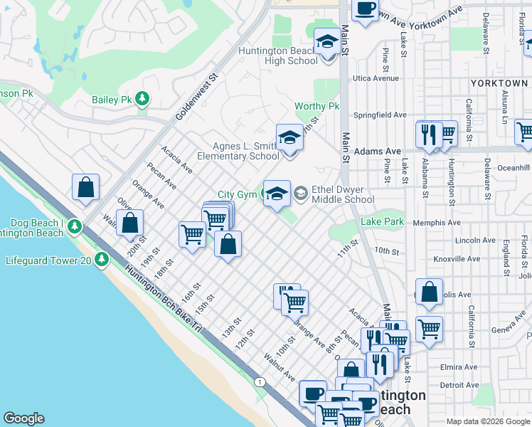 map of restaurants, bars, coffee shops, grocery stores, and more near 622 16th Street in Huntington Beach