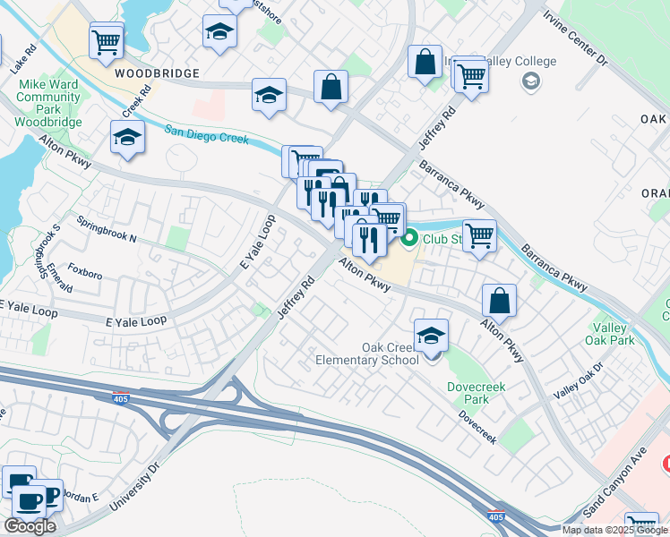 map of restaurants, bars, coffee shops, grocery stores, and more near 112 Danbury Lane in Irvine