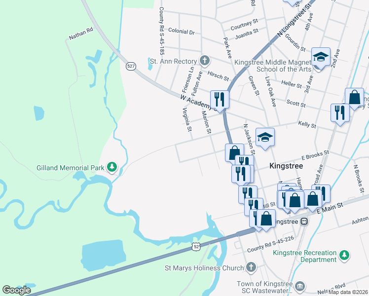 map of restaurants, bars, coffee shops, grocery stores, and more near 509 County Road S-45-104 in Kingstree