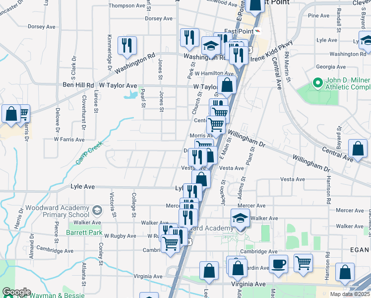 map of restaurants, bars, coffee shops, grocery stores, and more near 3172 Church Street in East Point
