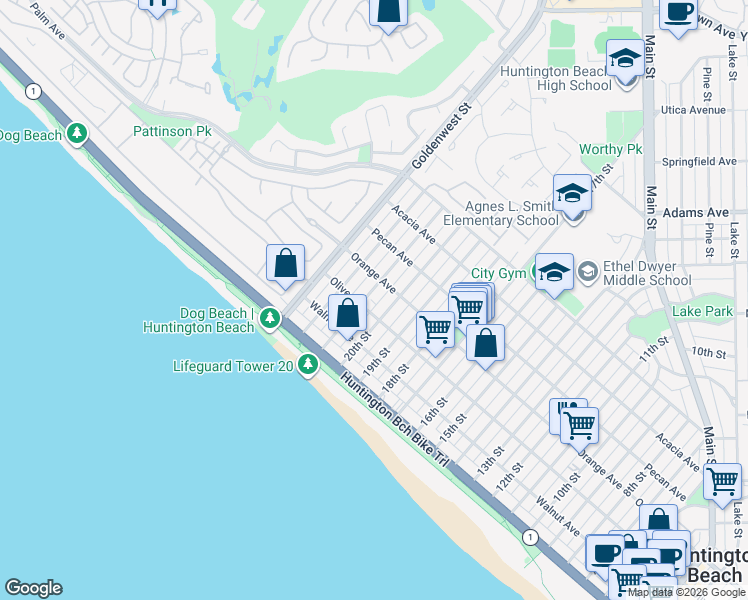 map of restaurants, bars, coffee shops, grocery stores, and more near 310 21st Street in Huntington Beach