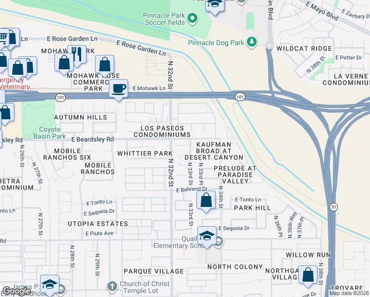 map of restaurants, bars, coffee shops, grocery stores, and more near 3231 East Menadota Drive in Phoenix