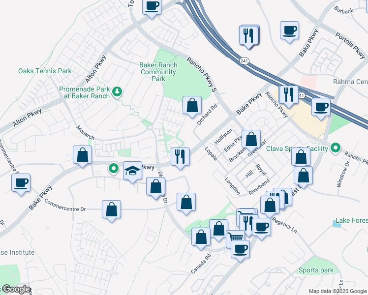 map of restaurants, bars, coffee shops, grocery stores, and more near 16 Agave in Lake Forest