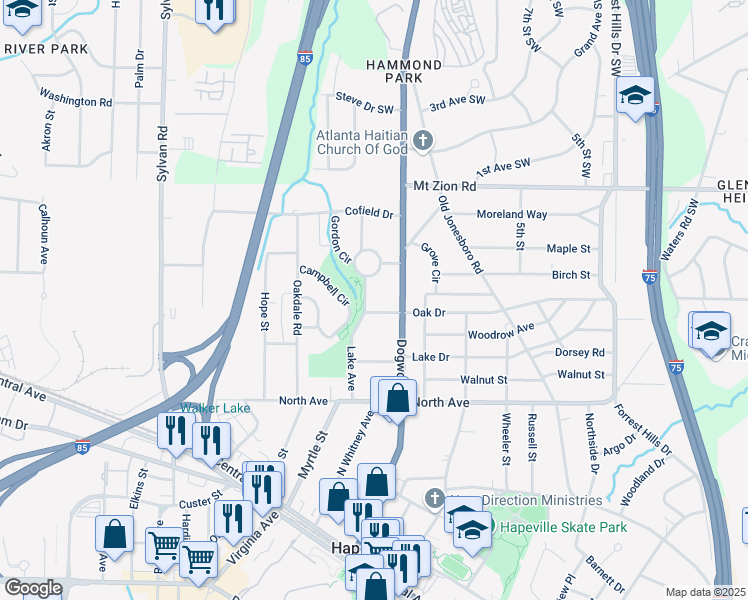 map of restaurants, bars, coffee shops, grocery stores, and more near 3160 Lake Avenue in Hapeville