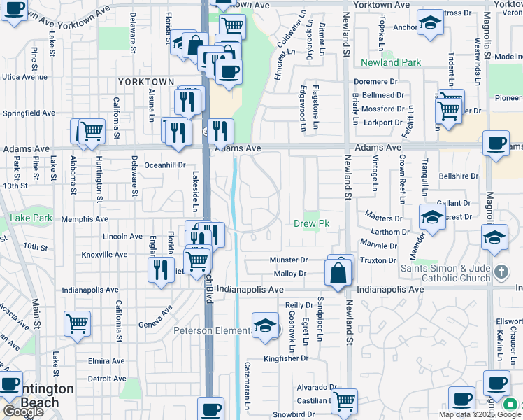 map of restaurants, bars, coffee shops, grocery stores, and more near 8182 Mainsail Drive in Huntington Beach