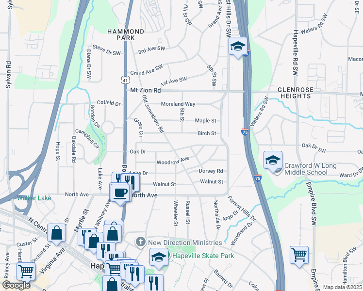 map of restaurants, bars, coffee shops, grocery stores, and more near 485 Oak Drive in Hapeville