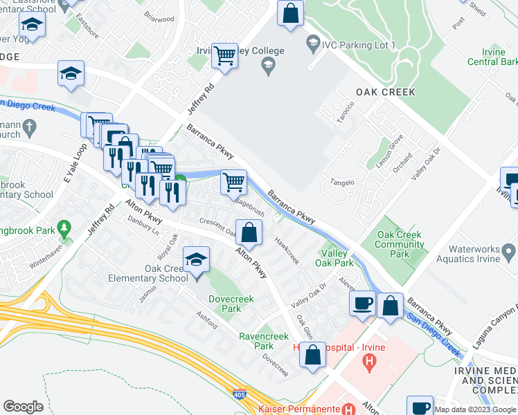 map of restaurants, bars, coffee shops, grocery stores, and more near 38 Sagebrush in Irvine