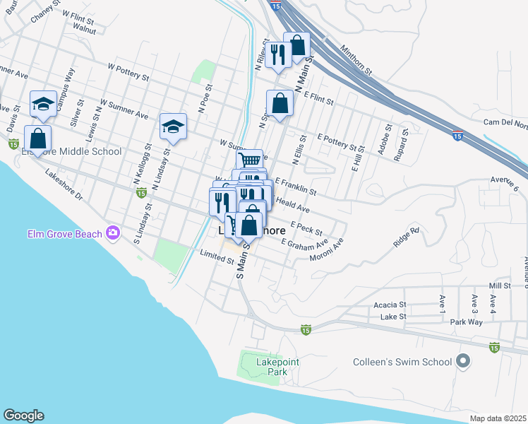 map of restaurants, bars, coffee shops, grocery stores, and more near 150 North Main Street in Lake Elsinore