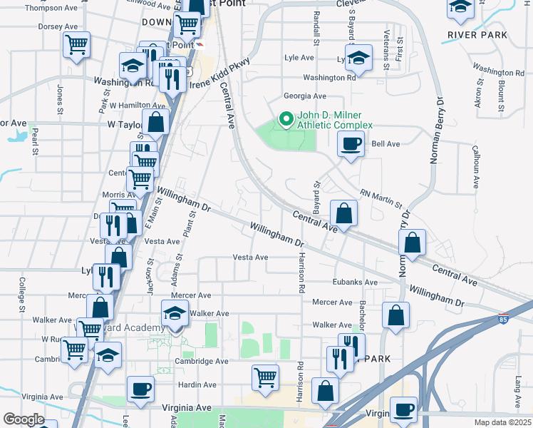 map of restaurants, bars, coffee shops, grocery stores, and more near 3176 Vivian Sykes Street in East Point