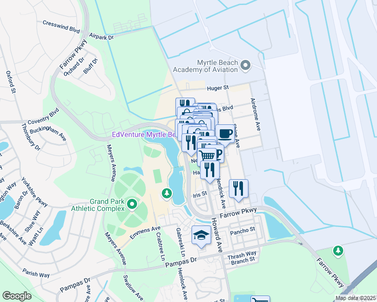 map of restaurants, bars, coffee shops, grocery stores, and more near 1160 Farrow Parkway in Myrtle Beach