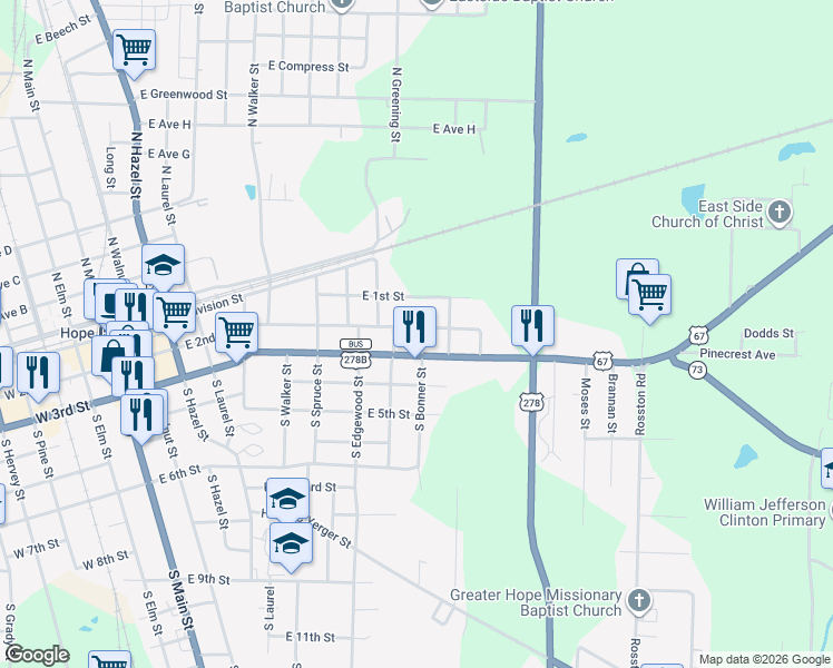 map of restaurants, bars, coffee shops, grocery stores, and more near 204 South Bonner Street in Hope